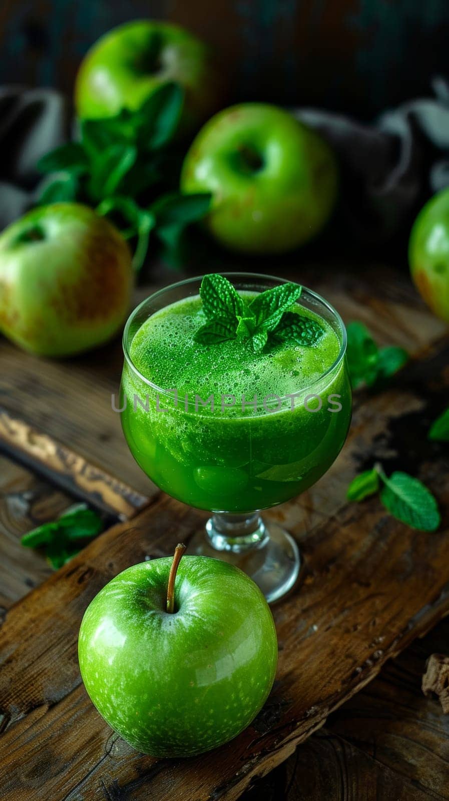 Refreshing green apple juice served in glassware, garnished with mint leaves, set against a rustic wooden backdrop