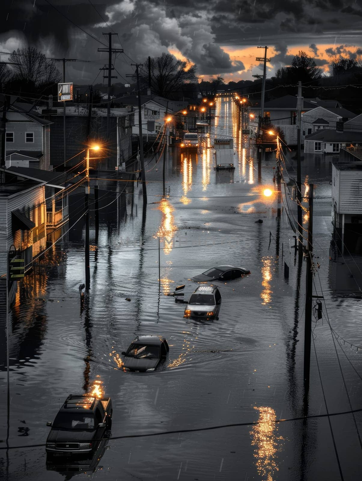 A stormy night casts heavy clouds over a flooded neighborhood, with emergency lights reflecting on the disturbed waters below