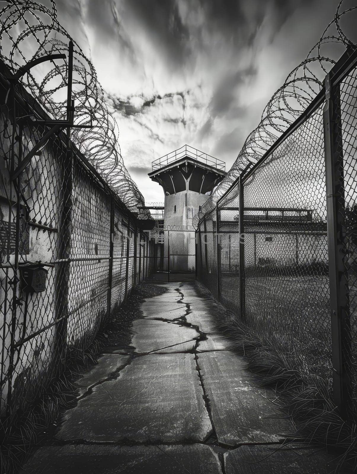An isolated security tower stands against a fiery sunset sky, surrounded by barbed wire fences, evoking a mood of isolation