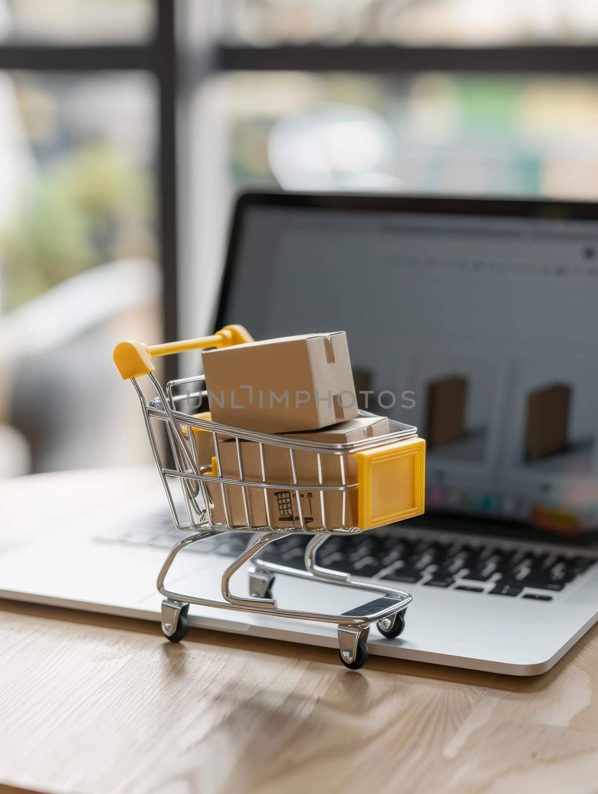 A metal shopping cart filled with cardboard boxes sits on a laptop, illustrating the connection between digital ordering and the physical fulfillment of ecommerce purchases