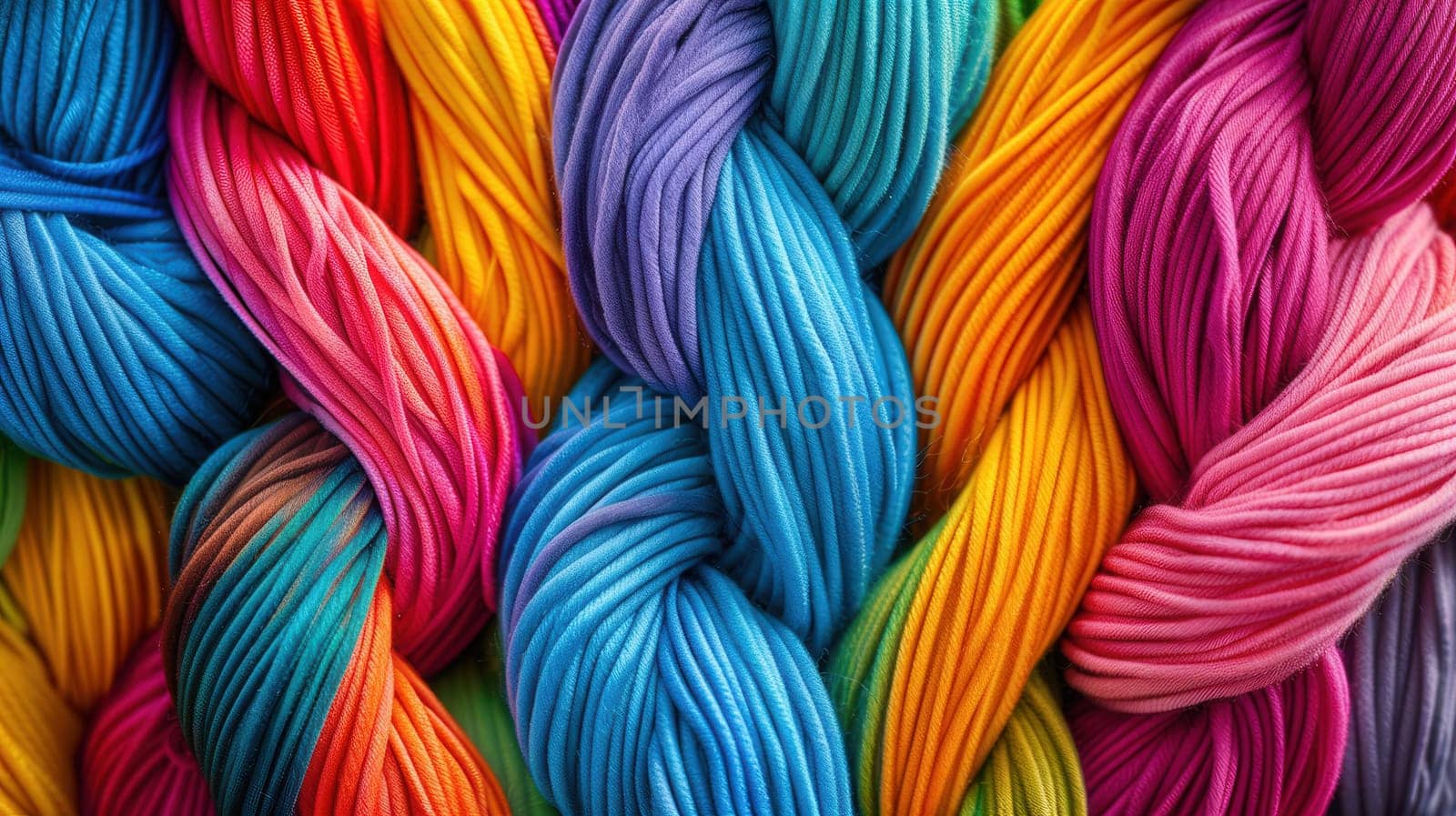 A vibrant assortment of colorful yarn balls is meticulously stacked one on top of the other, creating a visually appealing display