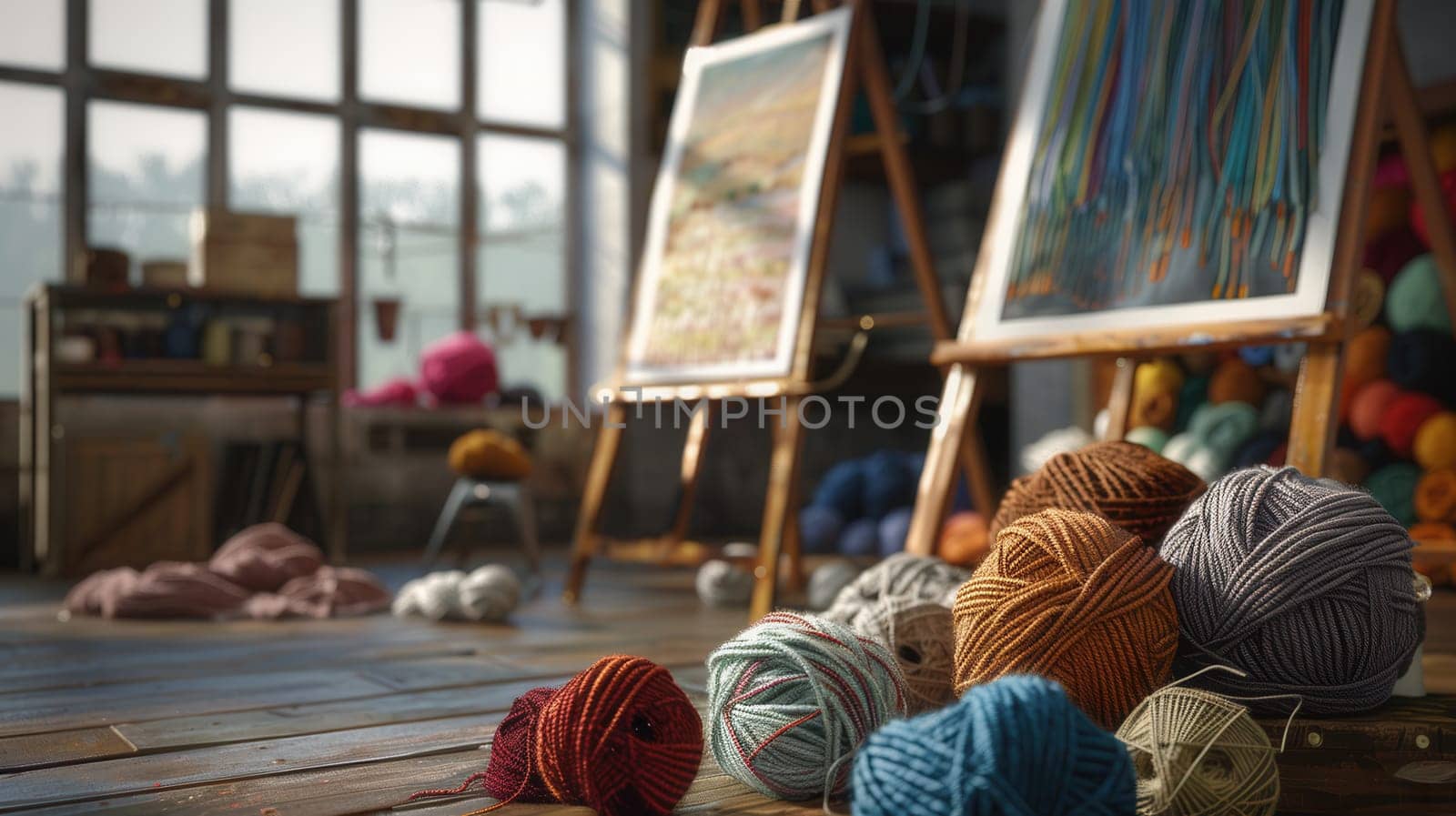A vibrant assortment of colorful yarn balls is meticulously stacked one on top of the other, creating a visually appealing display