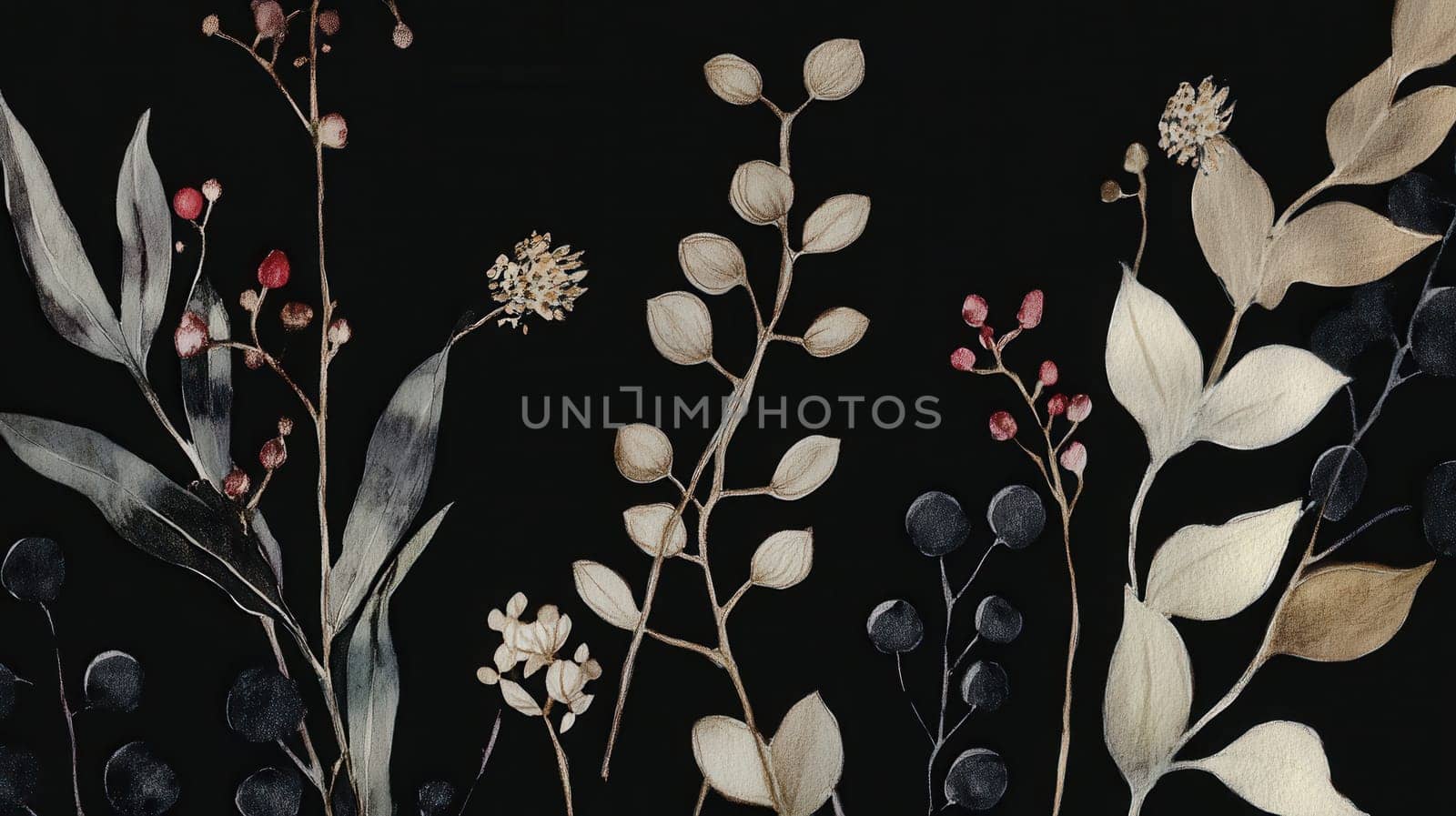 Detailed botanical watercolor illustration on dark