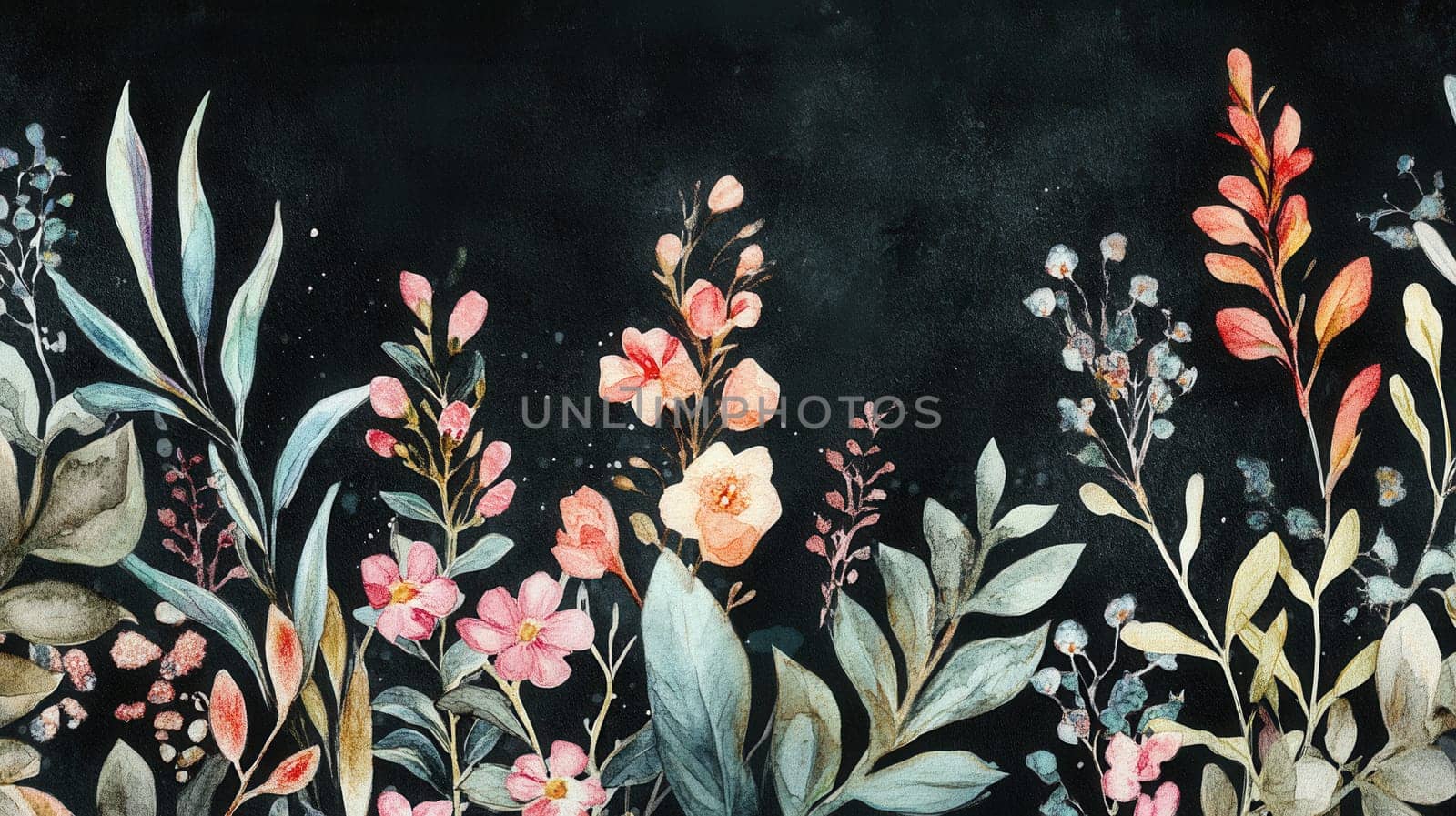Detailed botanical watercolor illustration on dark