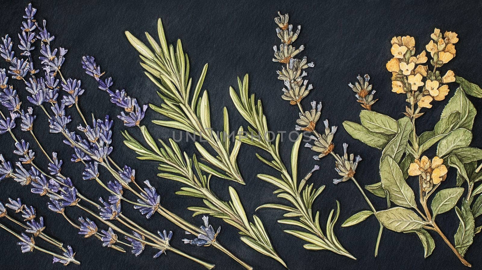 Detailed botanical watercolor illustration on dark