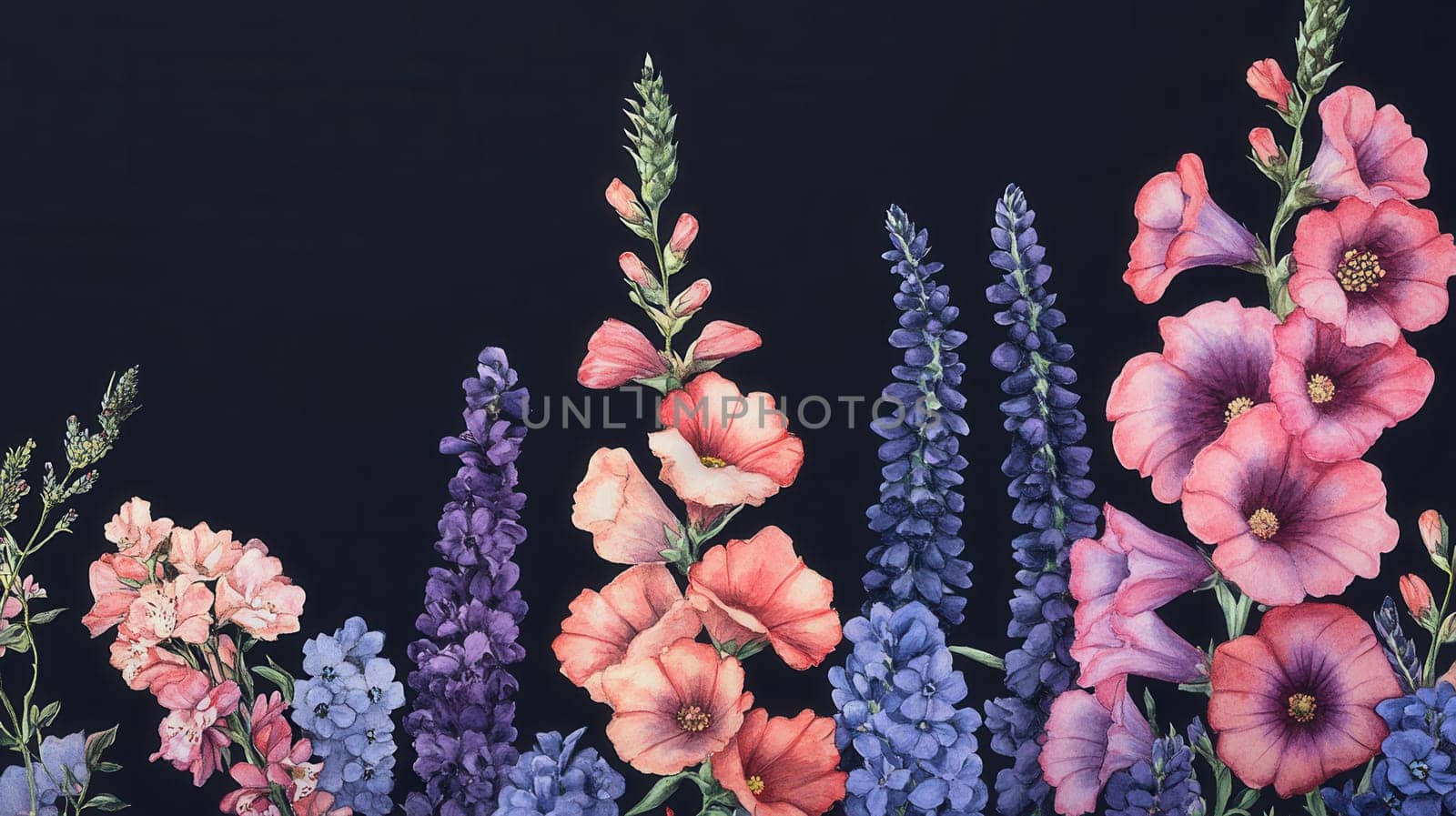 Detailed botanical watercolor illustration on dark