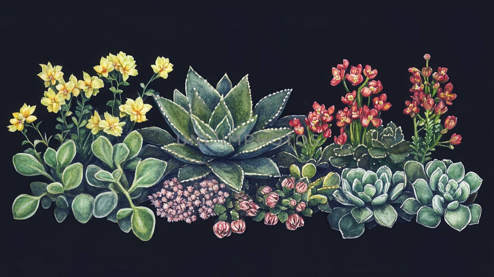 Detailed botanical watercolor illustration on dark