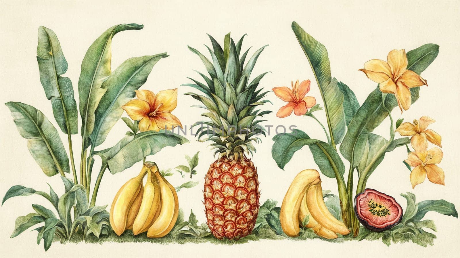 Detailed botanical watercolor showcasing exotic fruits