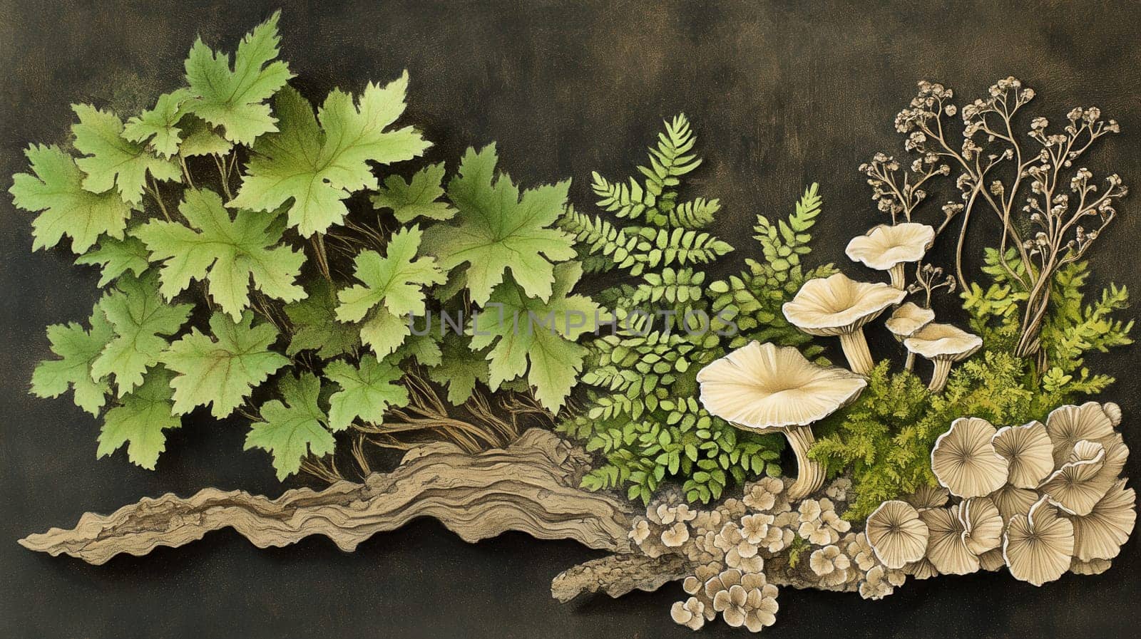 Detailed botanical illustration with plants and mushrooms