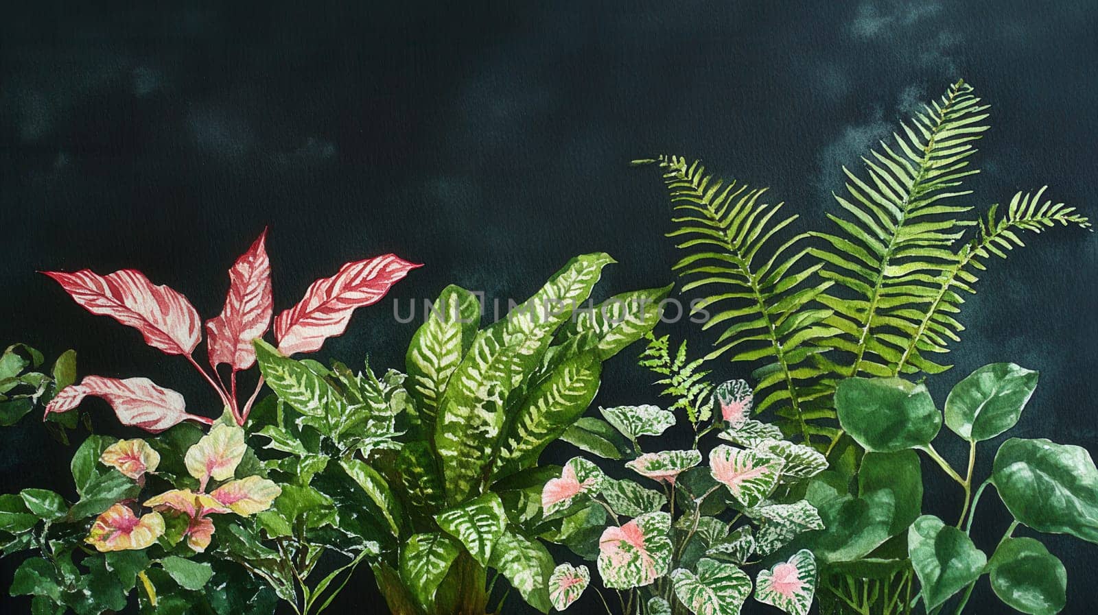 Detailed botanical illustration with plants and mushrooms