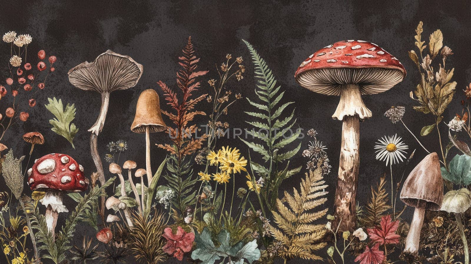 Detailed botanical illustration with plants and mushrooms