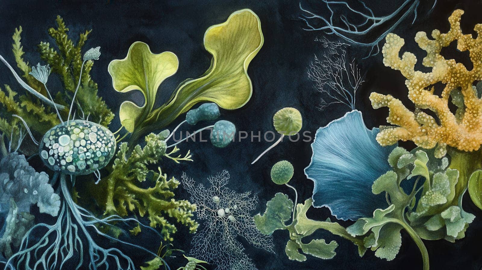 Detailed botanical drawing showcasing various algae on dark