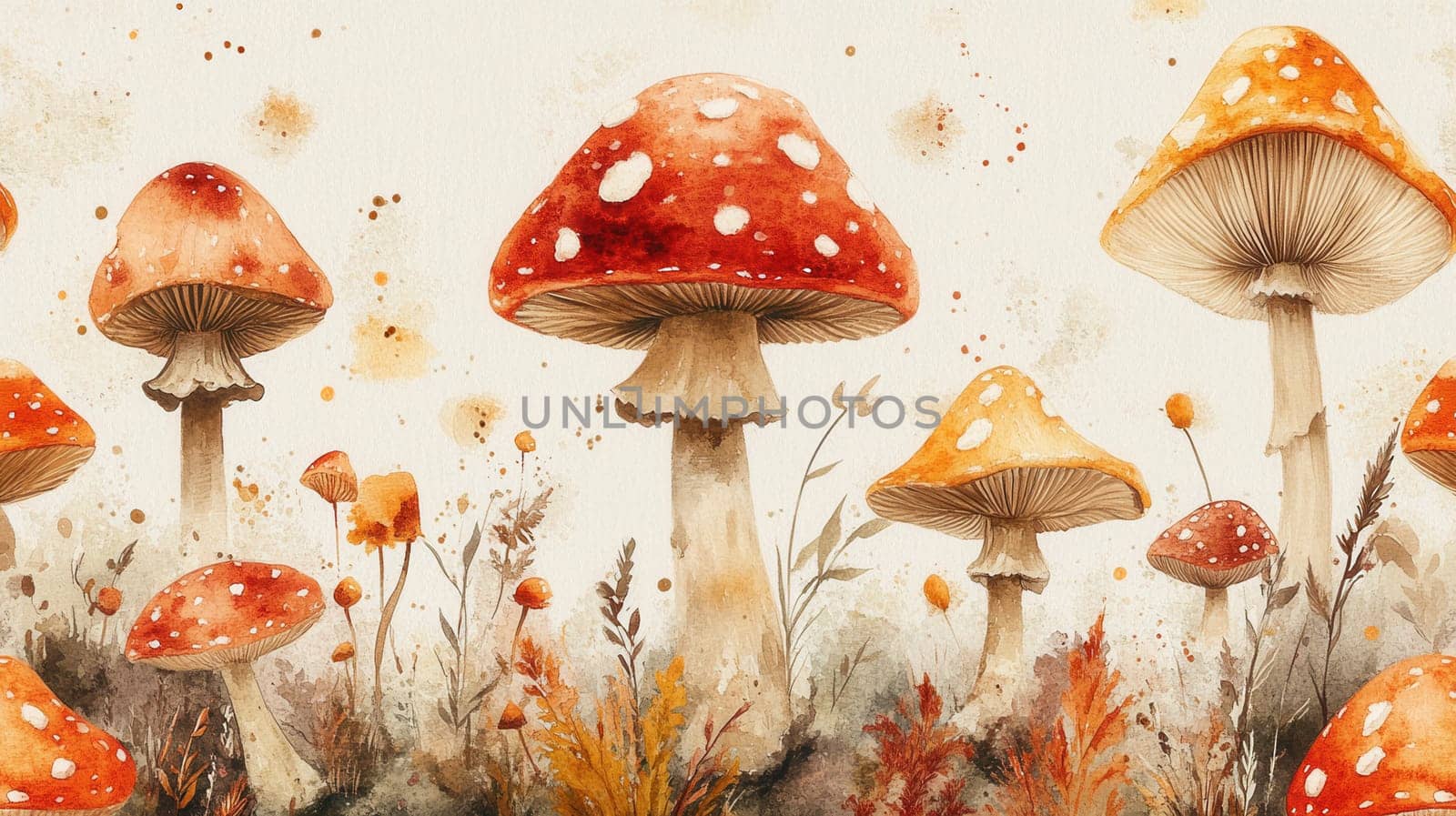 Detailed botanical drawing pattern showcasing mushrooms