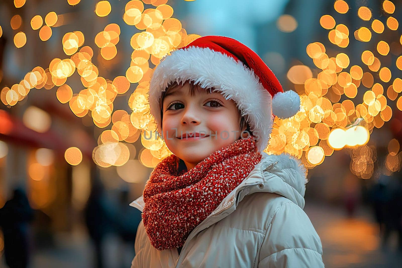 Smiling boy in Santa Claus hat standing against evening street festive illumination.