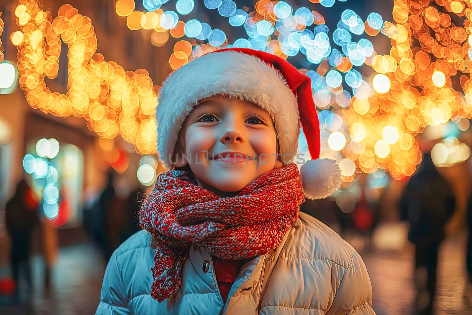 Smiling boy in Santa Claus hat standing against evening street festive illumination.