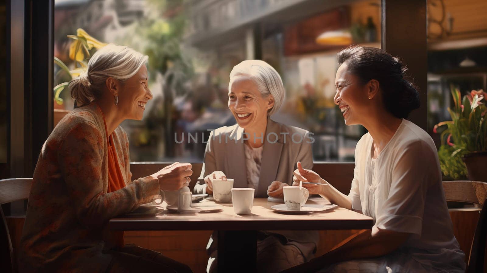 three senior female friends chatting in cafe, generative ai. High quality photo