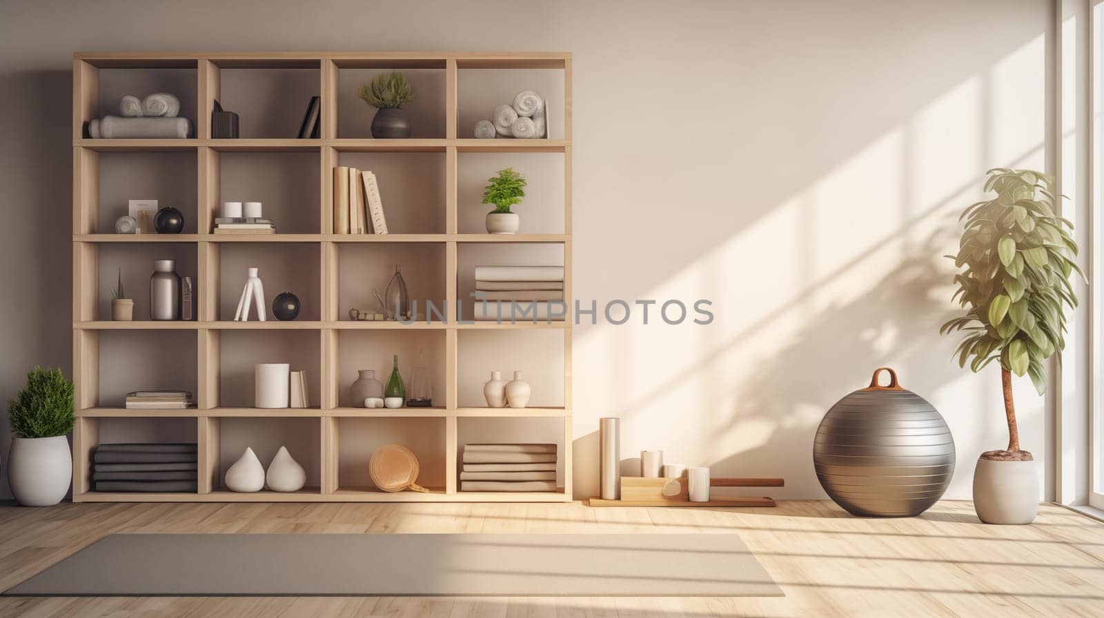 empty yoga exercising room with sport accessories, generative ai. High quality photo