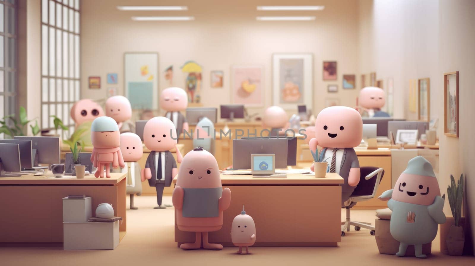 A vibrant office scene with quirky 3D characters engaged in teamwork and creativity. This playful workspace highlights collaboration and the joy of working together in an inspiring environment.