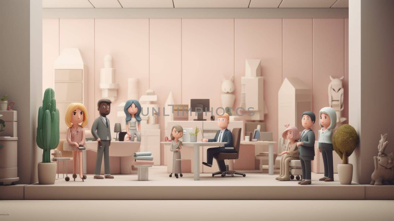 An illustration of diverse business people and childlike characters in a colorful, quirky office. The 3D cartoon models showcase creativity with whimsical elements like a cactus and a giraffe head.