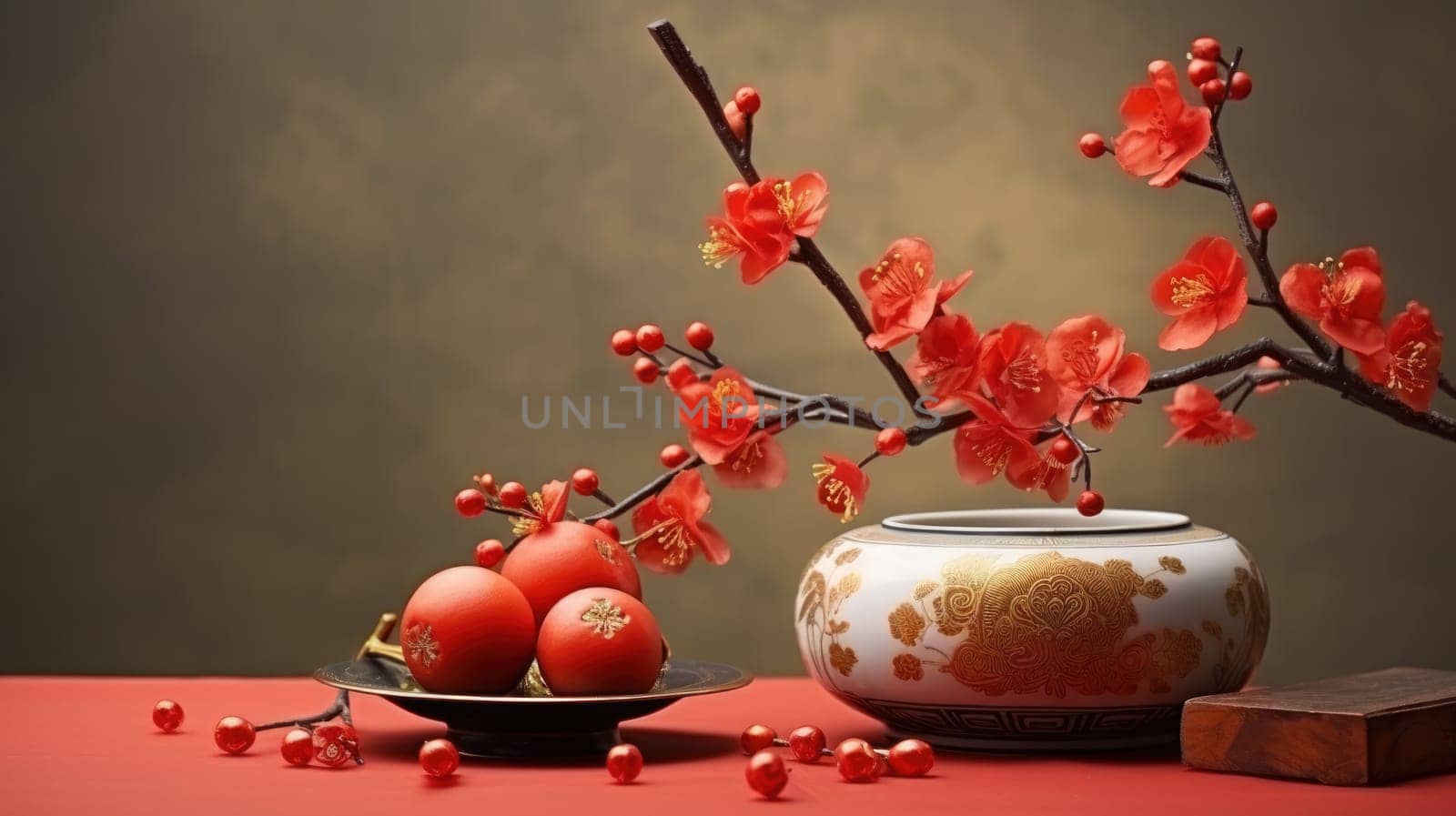 This image features red peach blossoms in a white porcelain vase, complemented by red balls, all set against a striking red background. The low-angle view enhances the beauty and depth.