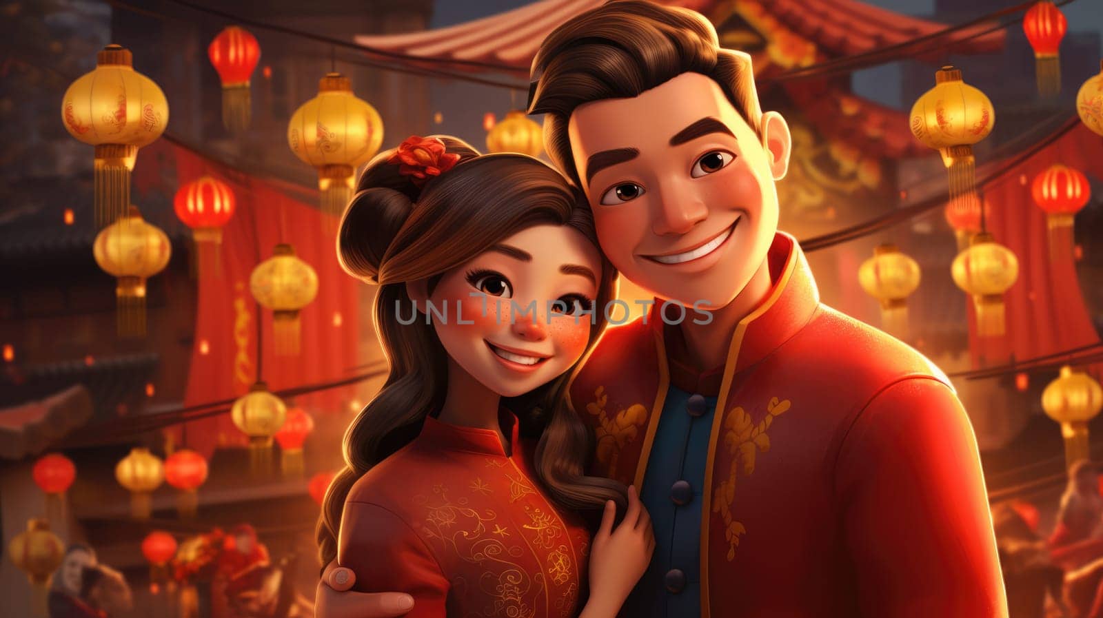 A joyful young Asian couple embraces in a street adorned with red lanterns for Chinese New Year. The man wears a blue robe while the woman dons a red dress, creating a festive atmosphere.