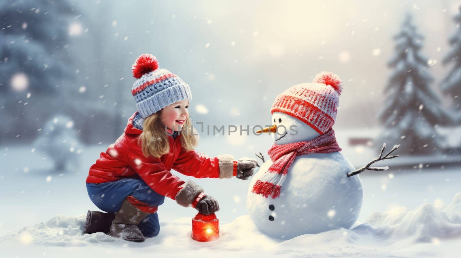 Kids building snow man playing outdoors on sunny snowy winter day. Outdoor family fun on Christmas vacation