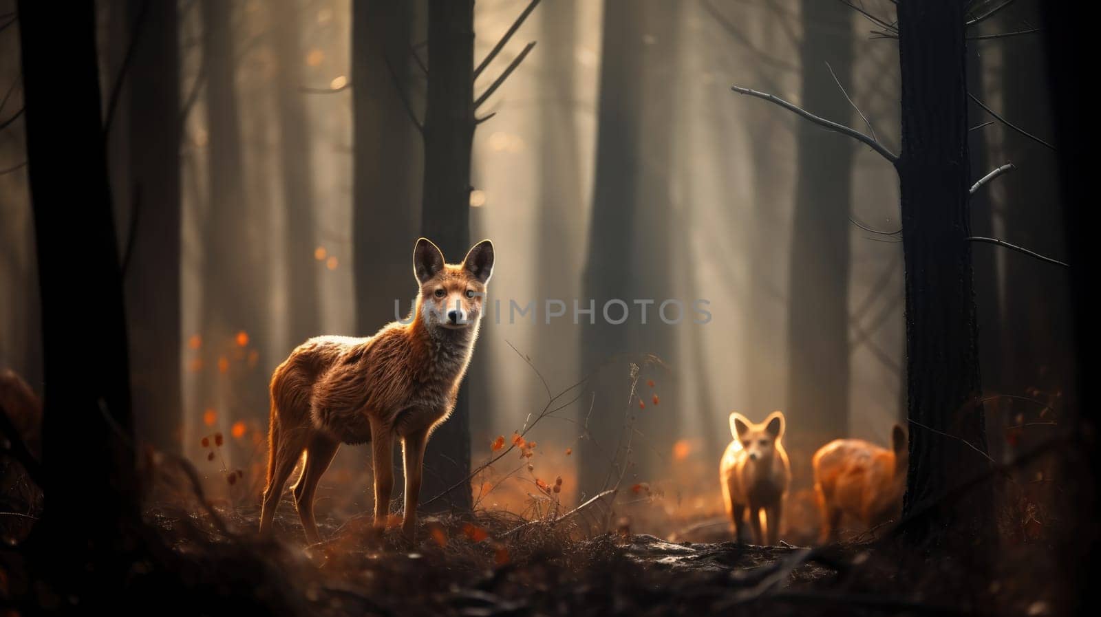 A pair of red foxes stands in a lush forest, surrounded by greenery and tall trees. Sunlight filters through the leaves, creating a warm, tranquil atmosphere ideal for wildlife photography.