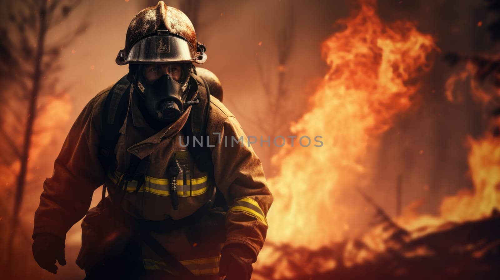A dedicated firefighter in full protective gear courageously fights a raging forest fire. The scene captures the intensity as flames and smoke rise, threatening the lush trees and wildlife nearby.