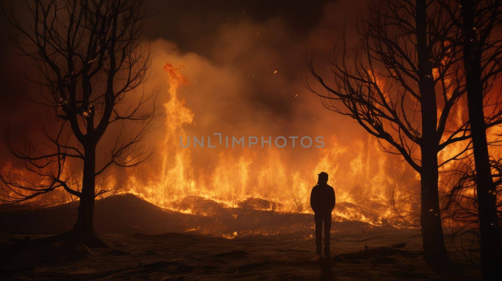 A lone figure stands silhouetted against the flames, feeling the heat on their skin as smoke stings their eyes, surrounded by charred trees and a thick blanket of ash.