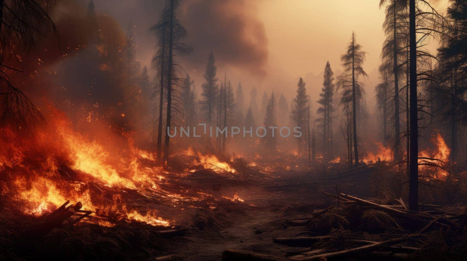 A wildfire burns through a forest, destroying trees and wildlife. The fire creates a dangerous and smoky environment. Firefighters are working to contain the fire and prevent it from spreading.