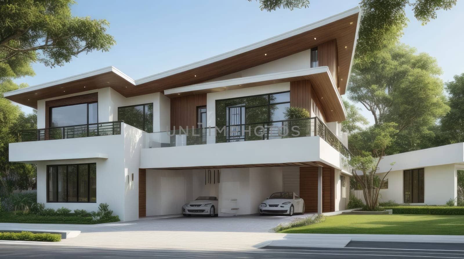 Contemporary Two-Story Family Home Design with Garage, Garden, and Spacious Yard.