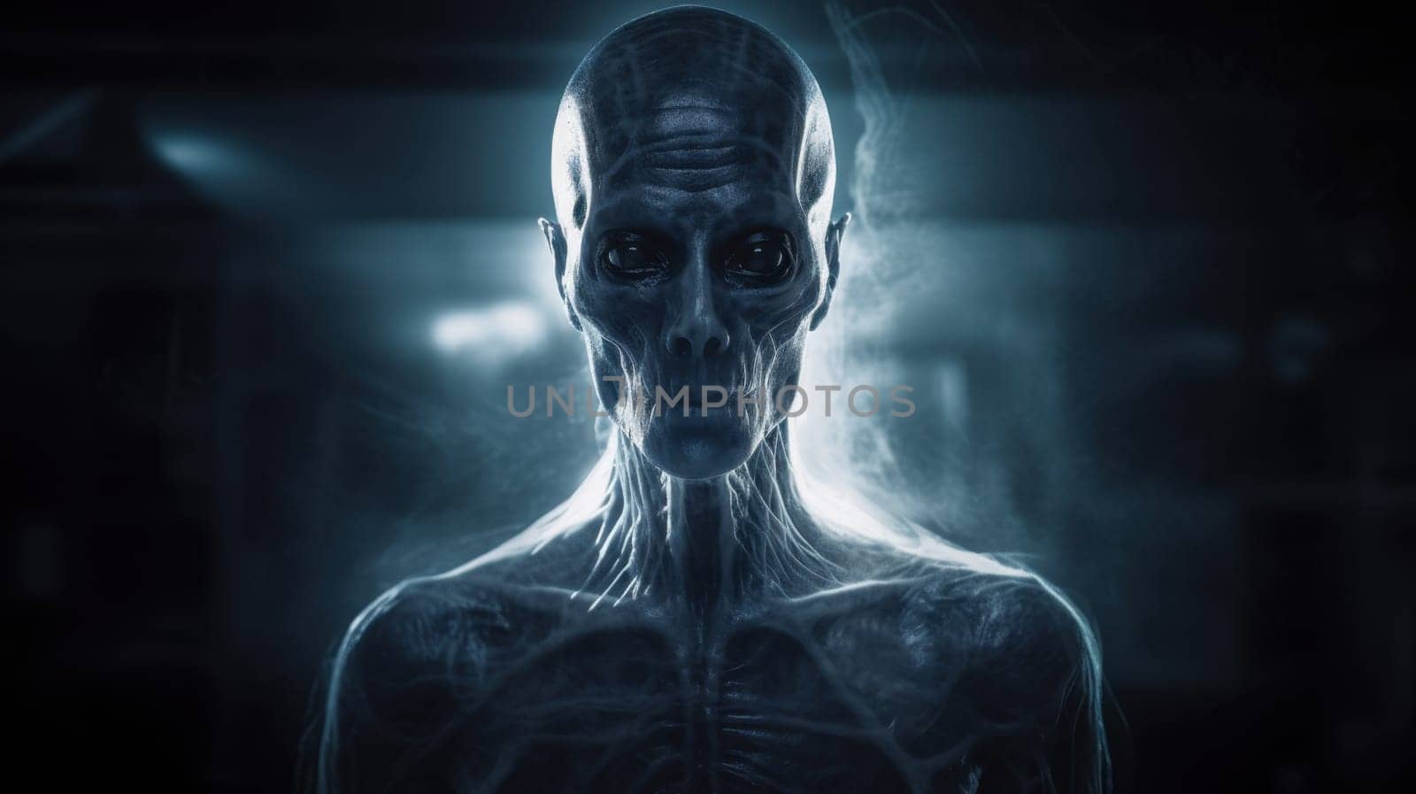 Ethereal being with eyes glowing in the darkness. 3D rendering of an alien humanoid creature..