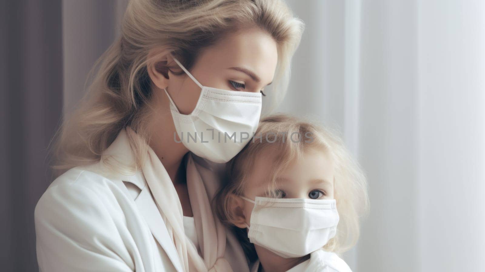 Tender Motherhood, Woman in White Holding Child Close, Both Wearing Masks.