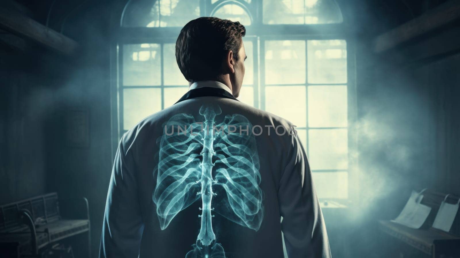 Doctor Analyzing Patients Lung X-ray in a Dimly Lit Medical Room