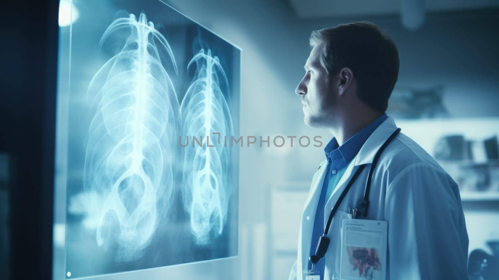 Thoughtful male doctor intently examining x-ray images in a modern healthcare clinic setting..