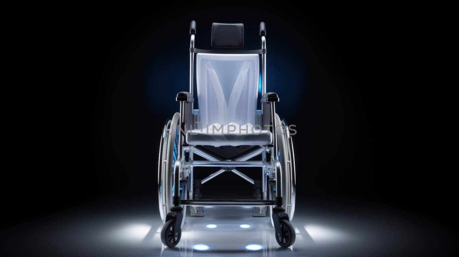 Modern Silver Wheelchair Isolated on a Black Background with Glowing Chrome Details