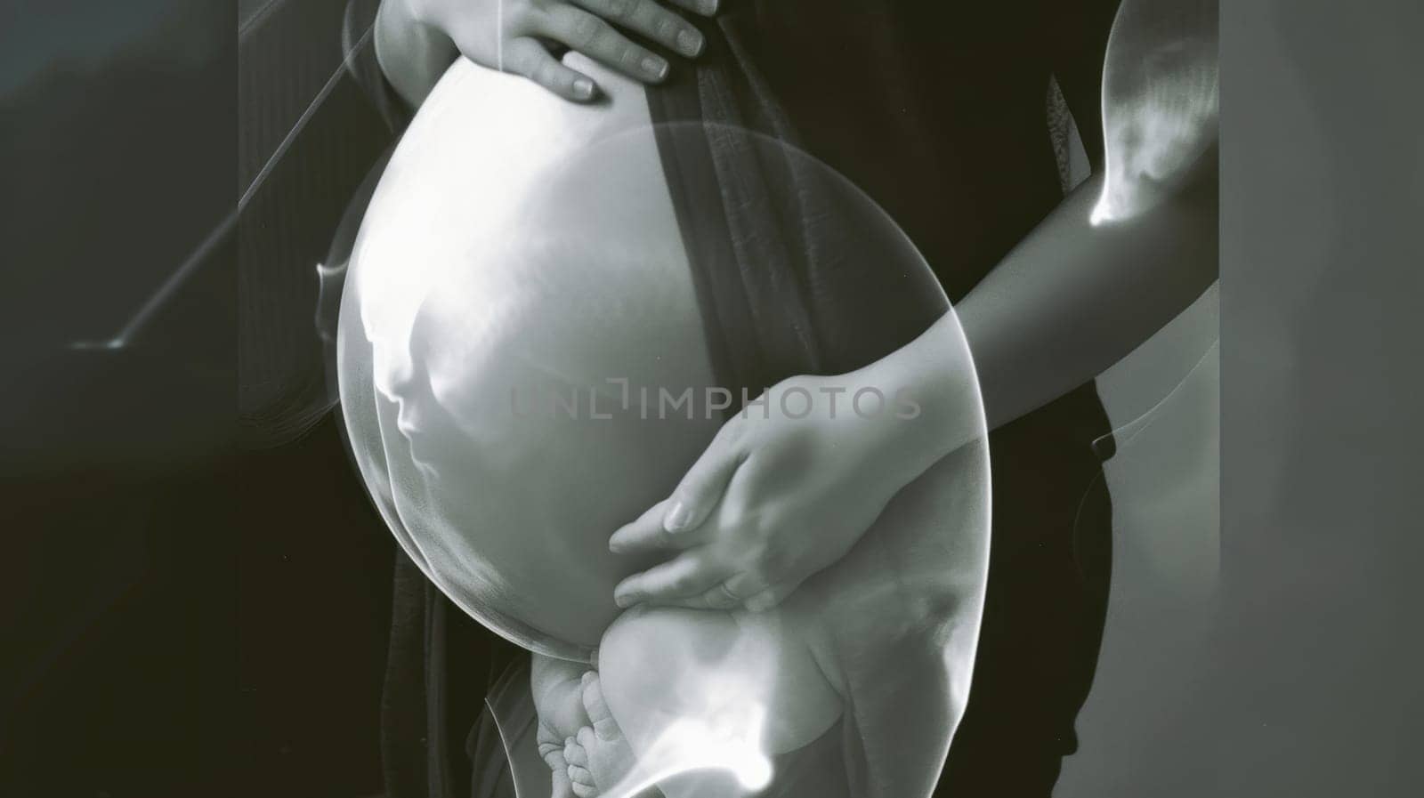 Artistic Black and White Photo of Pregnant Woman with Ultrasound Image of Baby.