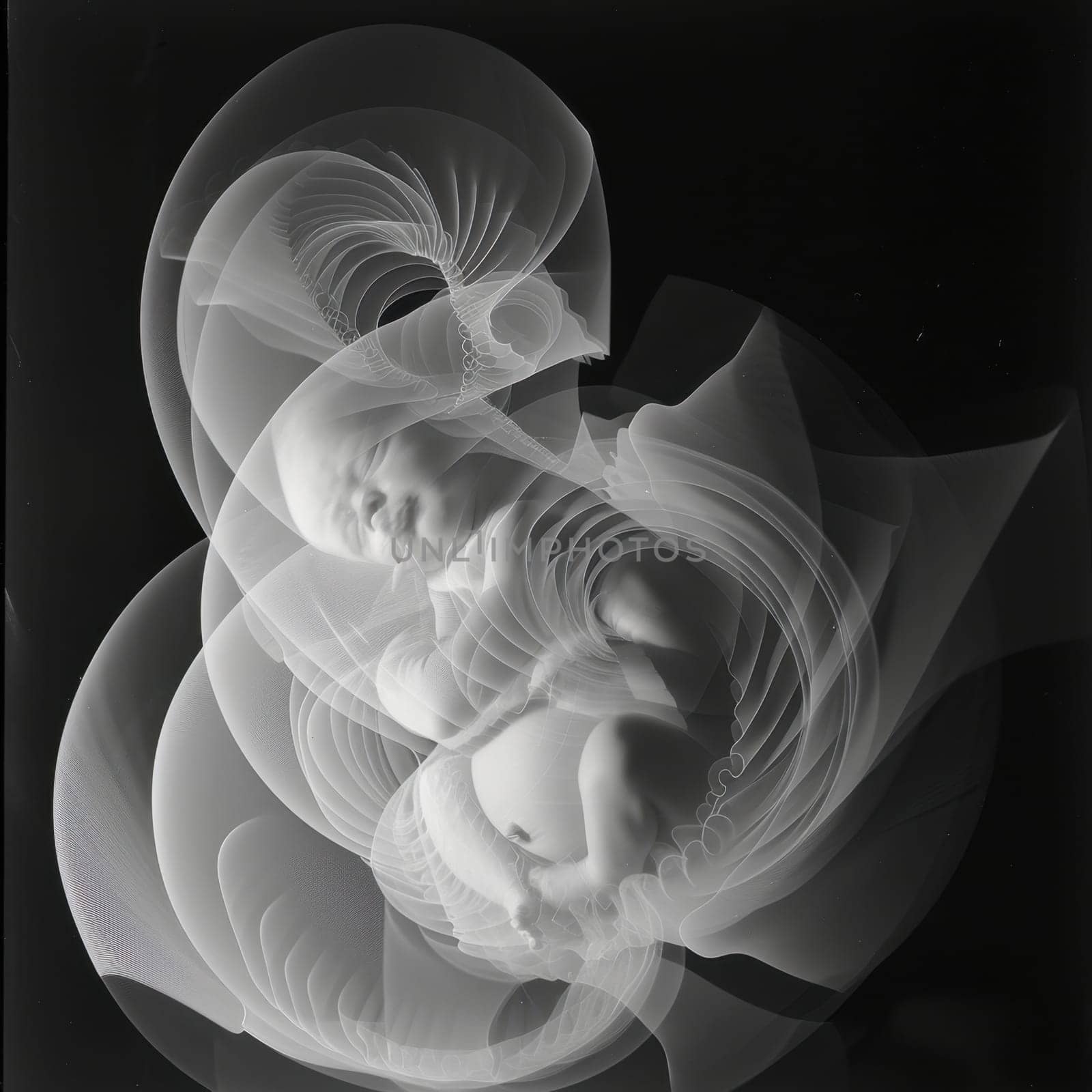 Black and white abstract photo of a curled up baby inside a transparent womb-like structure..