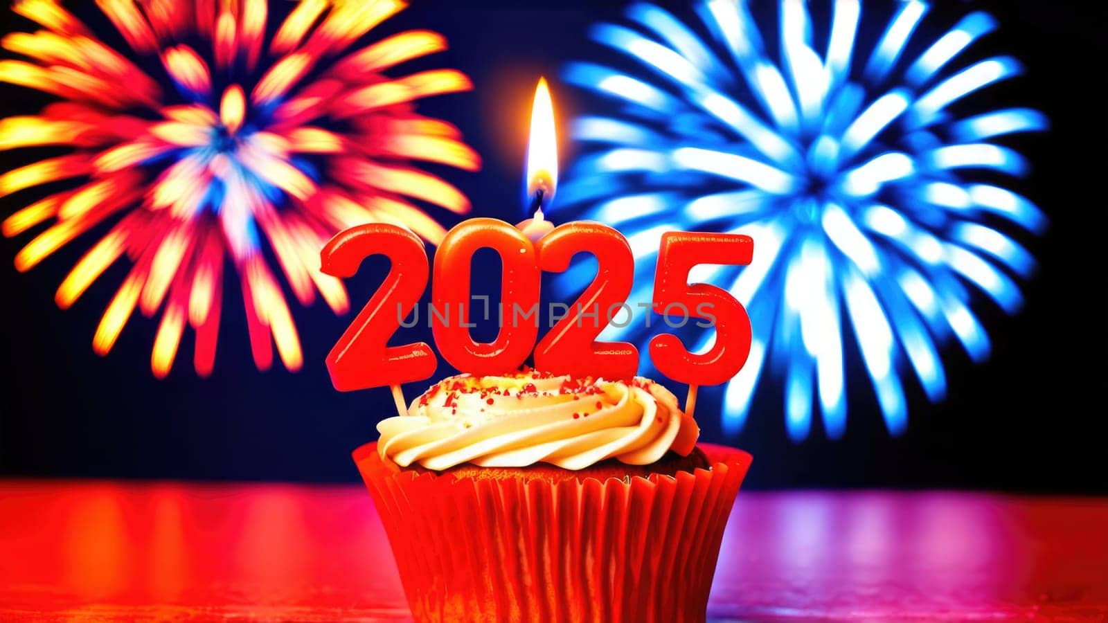 Delicious Red Velvet Cupcake with 2025 Candles and Colorful Fireworks in Background.
