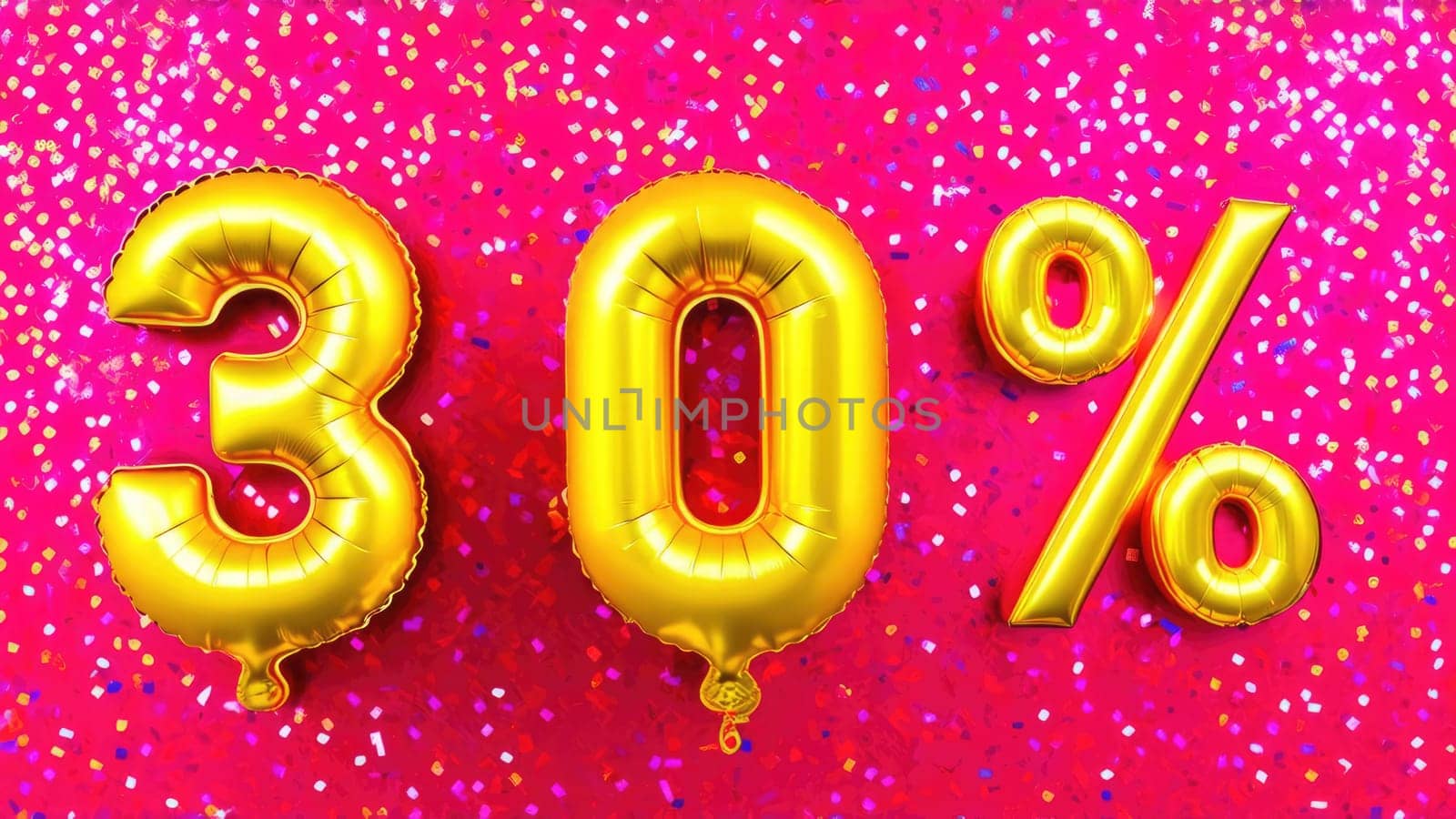 Red Foil Balloons Displaying 30 Off on Blue Background with Confetti.