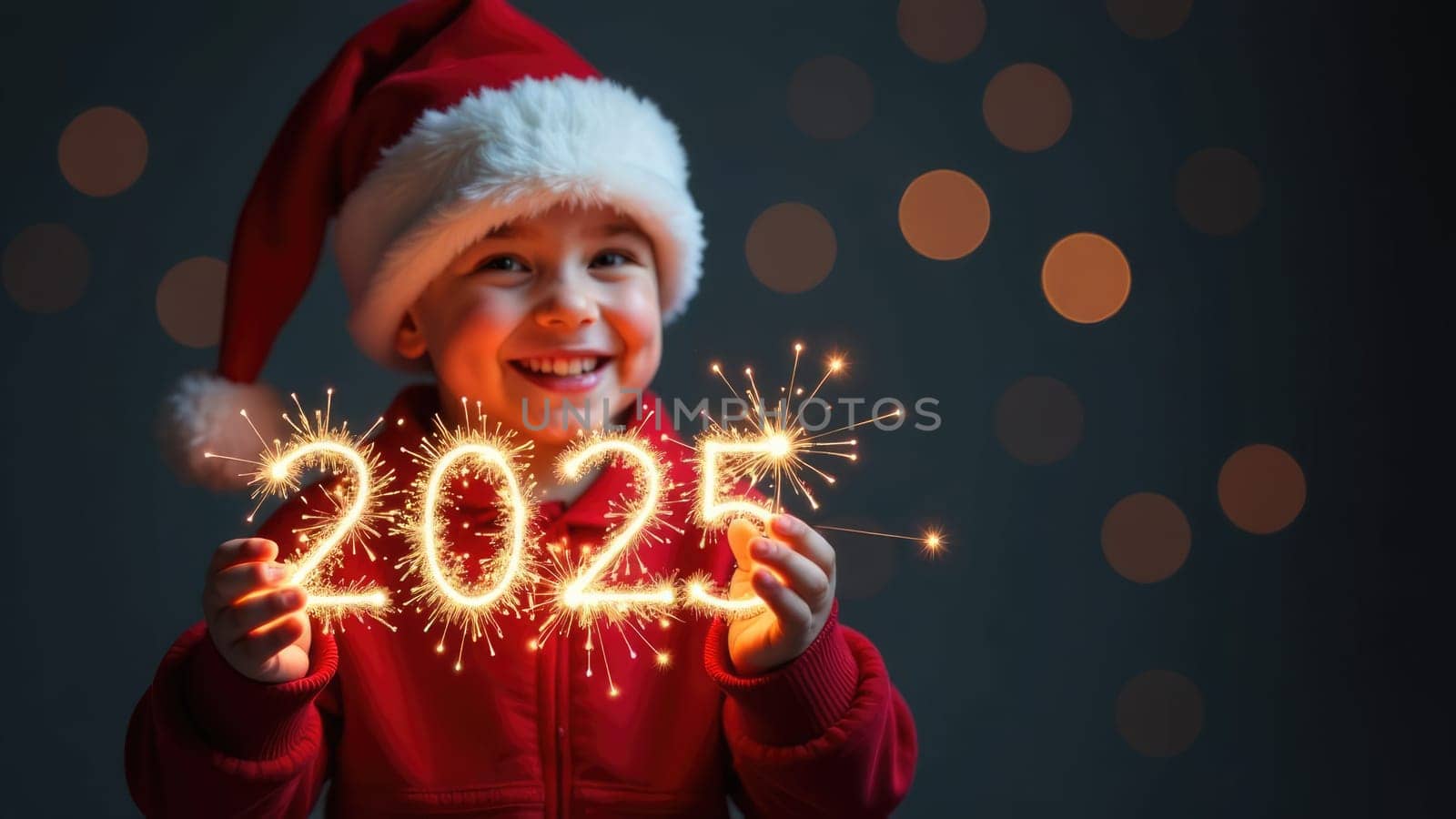 Smiling child holding 2025 sparklers in hands at New Years Eve party indoors.