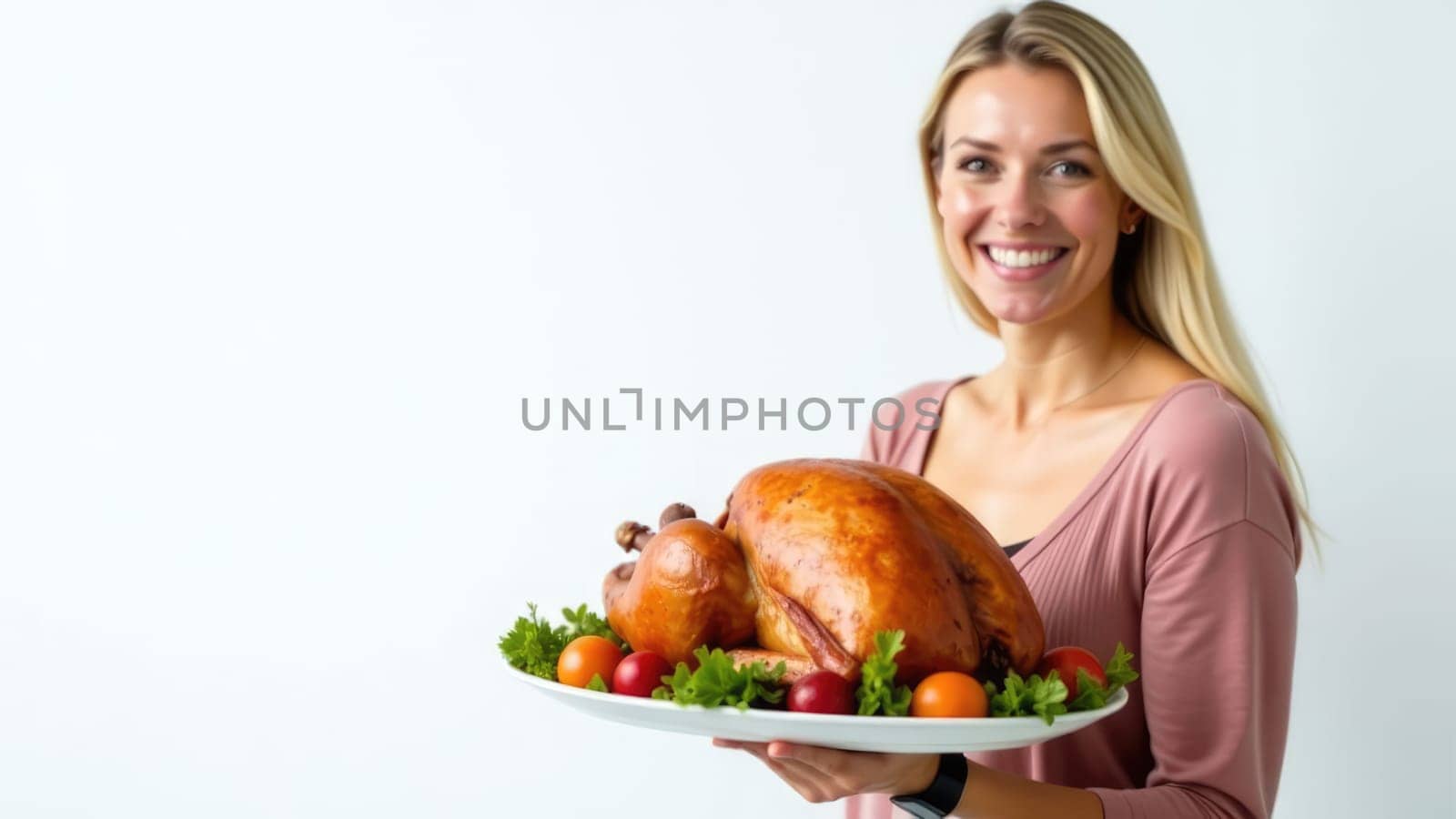 Attractive Young Woman Holding Roasted Turkey and Vegetables on white background.