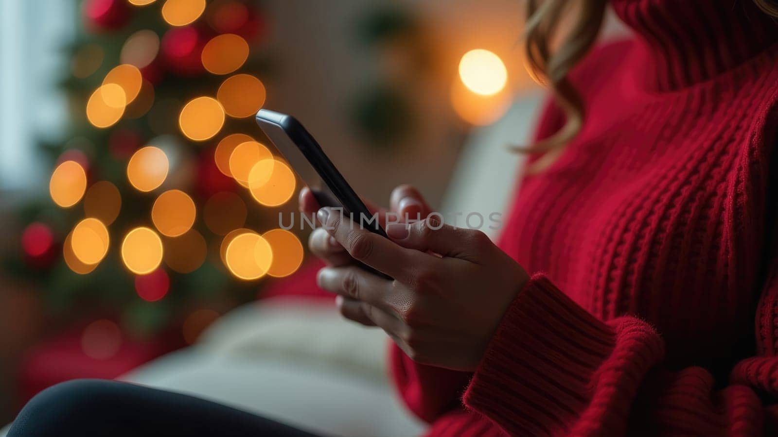 Young Woman in a Cozy Red Sweater Enjoys Christmas Shopping on Her Smartphone by the Tree.
