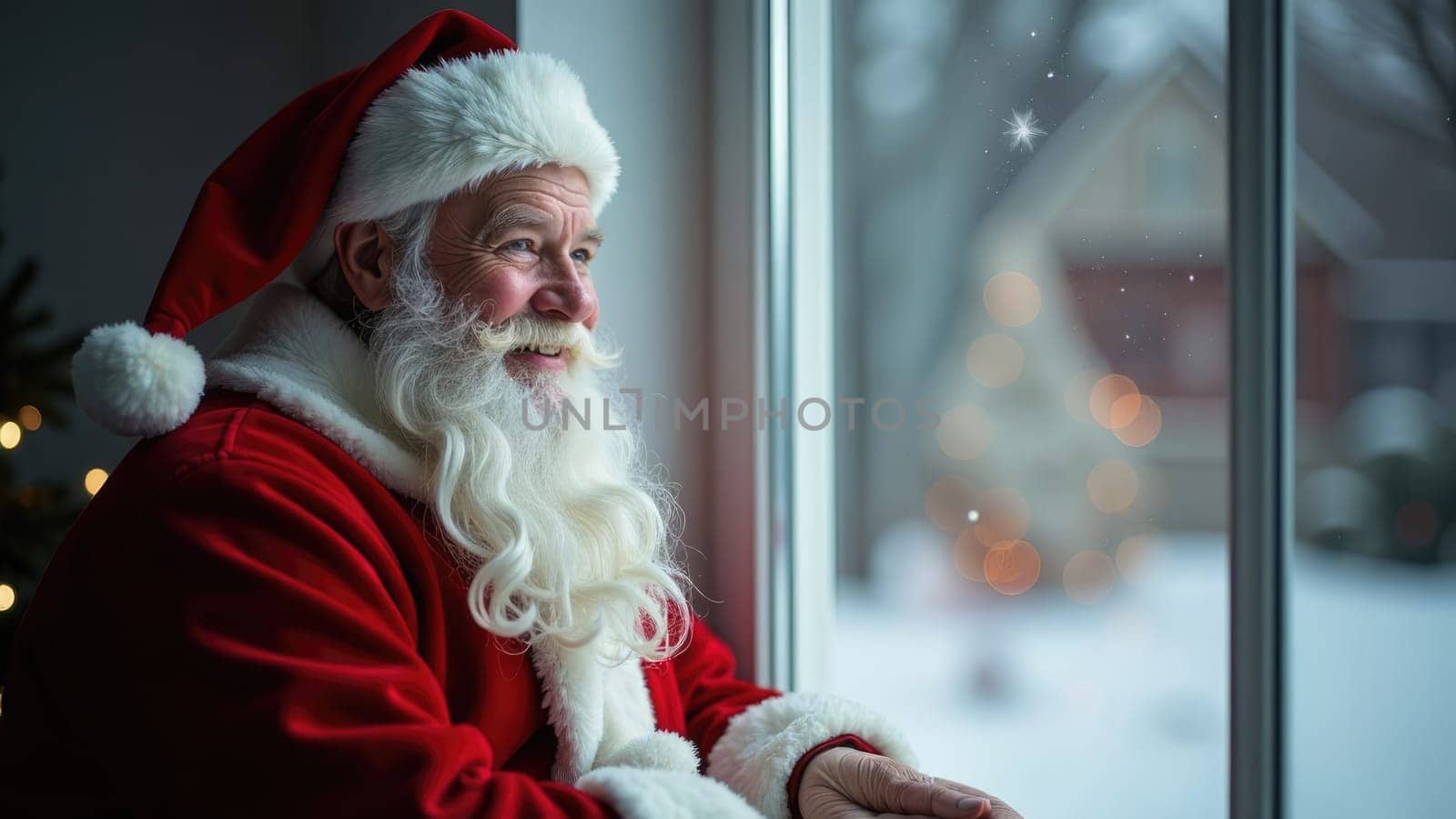 Santa Claus gazing out the window on Christmas Eve with his sack full of presents and Christmas tree.