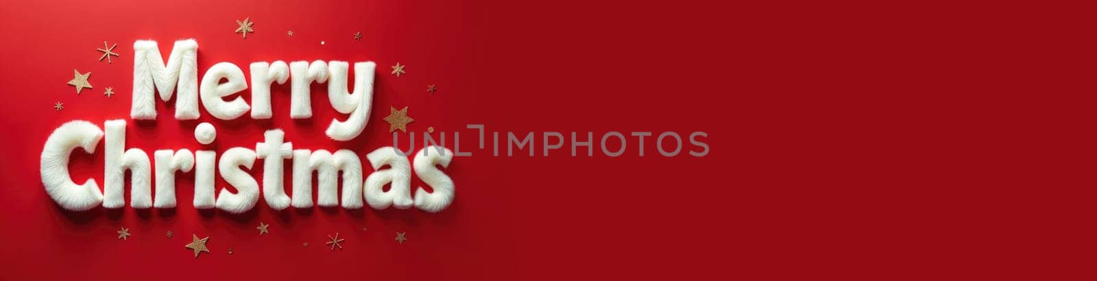 White fluffy 3D Merry Christmas text isolated on red background with golden snowflakes with space for text
