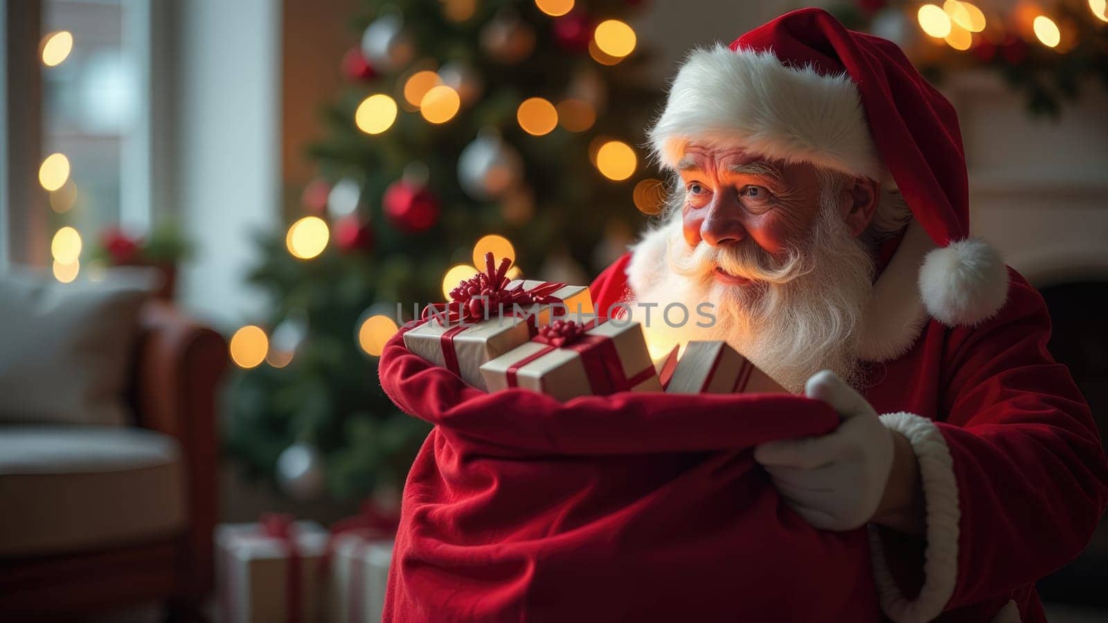 Santa Claus holding bag full of gifts with a bright Christmas tree in the background
