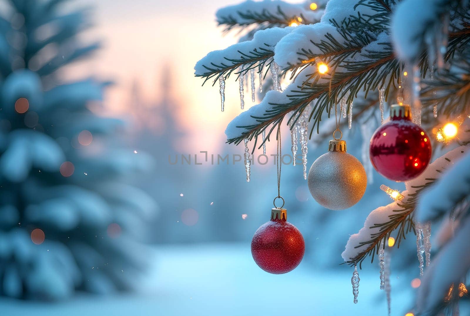 Colorful ornaments hang from a snow-laden Christmas tree, sparkling in the fading winter light, creating a festive atmosphere - Generative AI