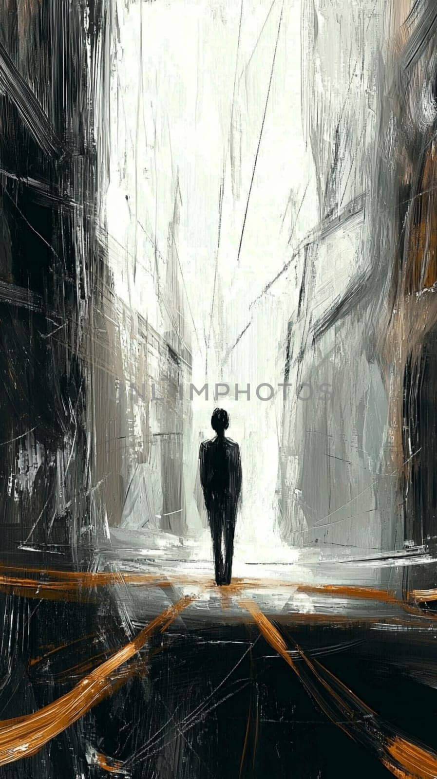 Abstract painting of a businessman standing in a dark city street, with tall buildings on either side and light shining from the distance