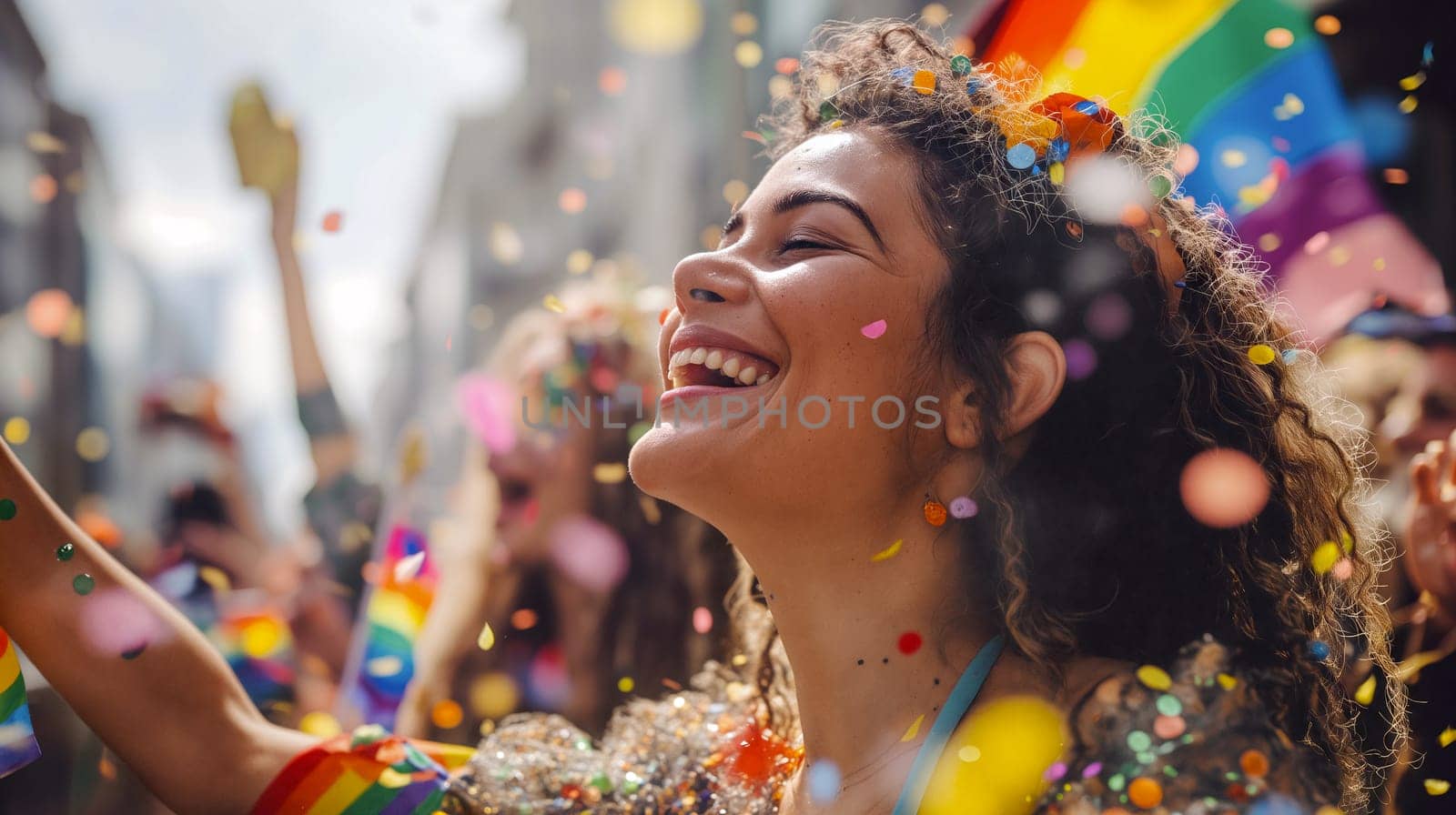 A young woman smiles with delight while celebrating at a LGBTQ pride parade, surrounded by colorful confetti and happy attendees in a vibrant city atmosphere - Generative AI