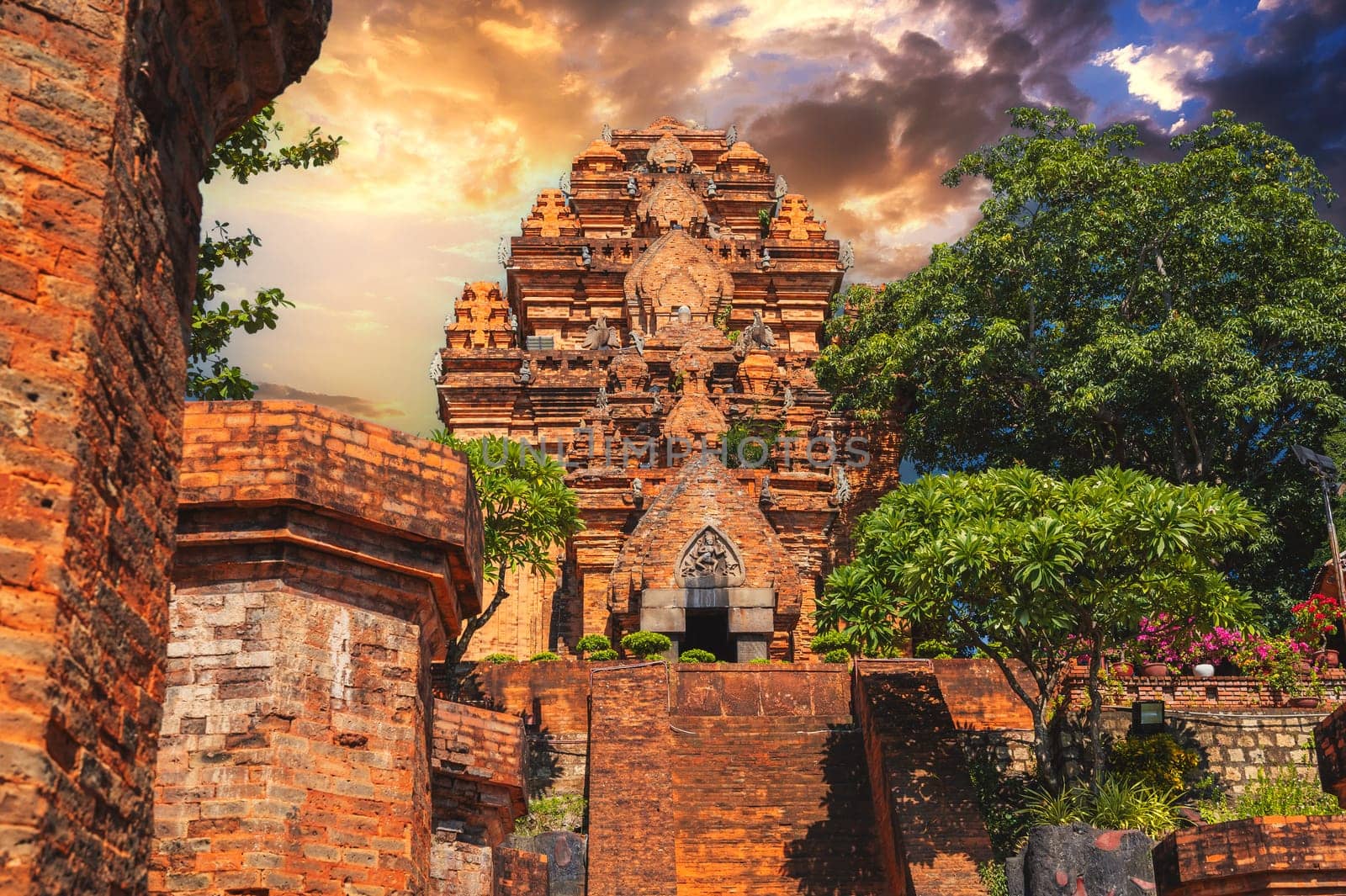 Po Nagar Cham Towers in Nha Trang in Vietnam. Ancient ruins of temple in Asia at sunset